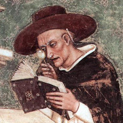 Kardinal Nicholas of Rouen läser genom en lins, målad av Tommaso da Modena år 1351-1352
